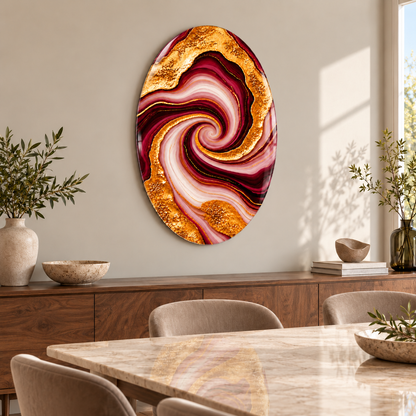 Bordo Altın Damarlı Akik Dikey Oval Cam Tablo — Yemek odası