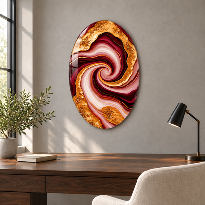Bordo Altın Damarlı Akik Dikey Oval Cam Tablo — Çalışma odası
