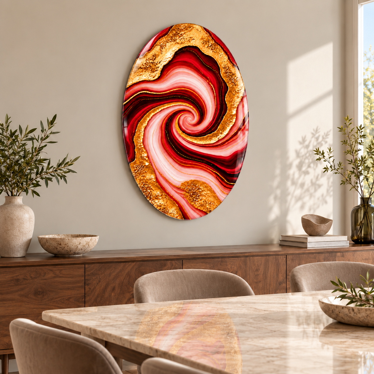 Yakut Kırmızısı Altın Damarlı Akik Dikey Oval Cam Tablo — Yemek odası