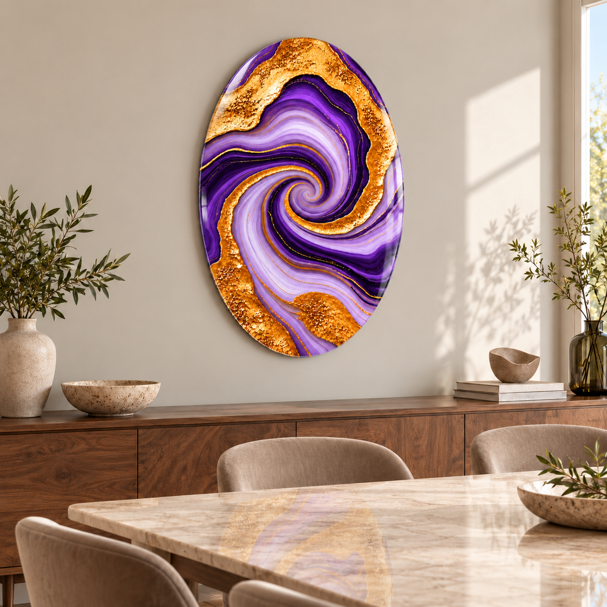 Mor Altın Damarlı Akik Dikey Oval Cam Tablo — Yemek odası