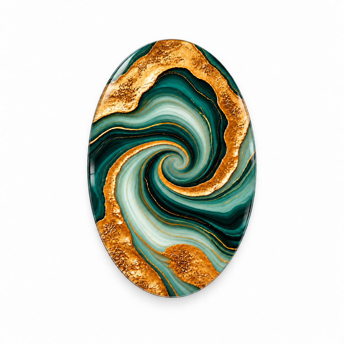 Petrol Yeşili Altın Damarlı Akik Dikey Oval Cam Tablo — Beyaz zemin ön görünüm