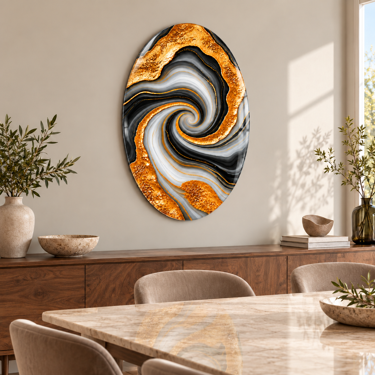 Antrasit Altın Damarlı Akik Dikey Oval Cam Tablo — Yemek odası