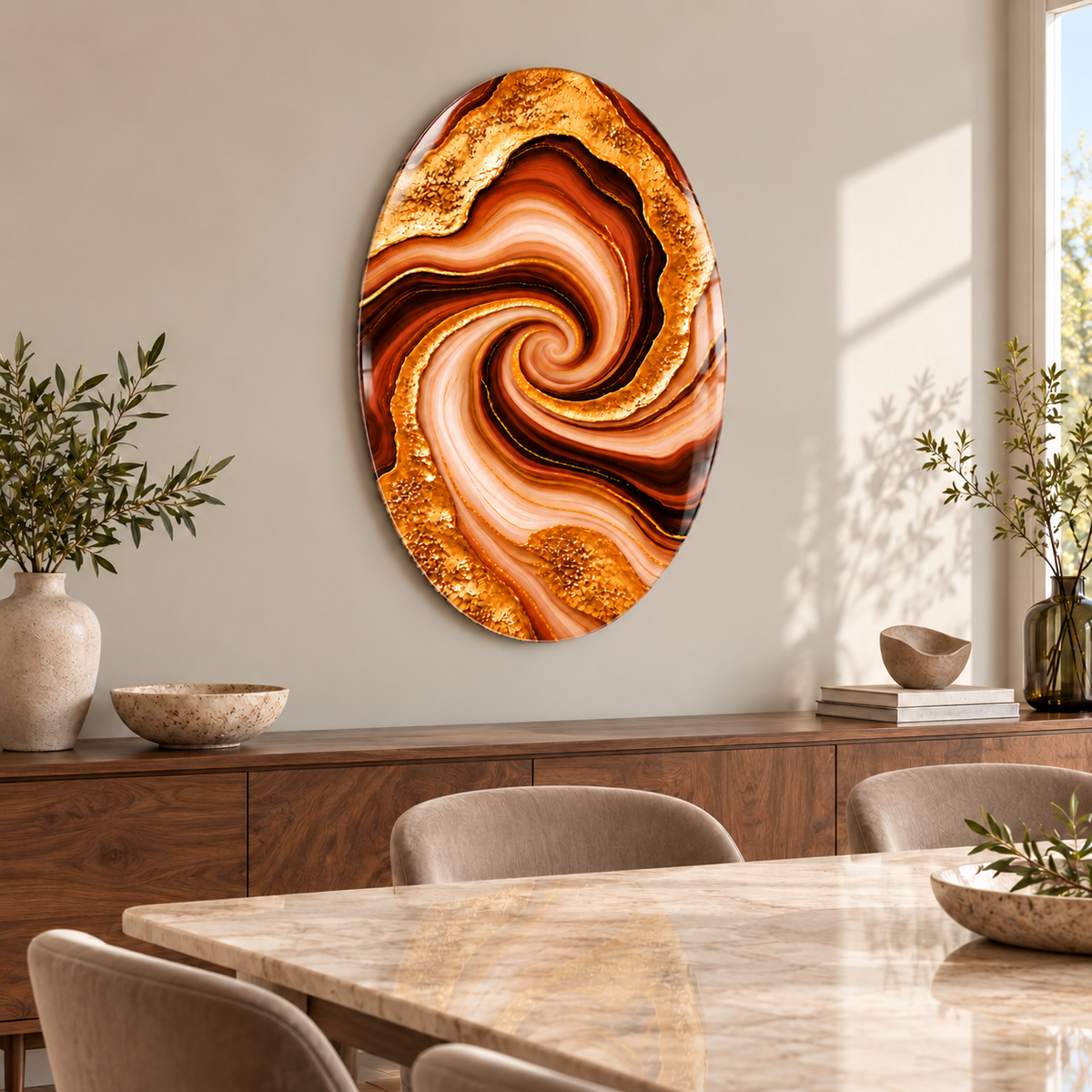 Bakır Tarçın Altın Damarlı Akik Dikey Oval Cam Tablo — Yemek odası