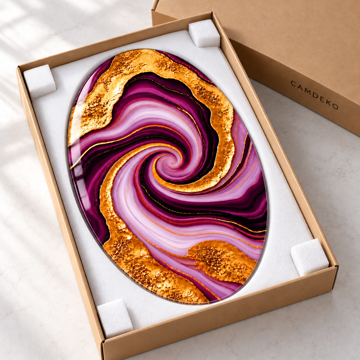 Mürdüm Altın Damarlı Akik Dikey Oval Cam Tablo — Koruyucu paketleme