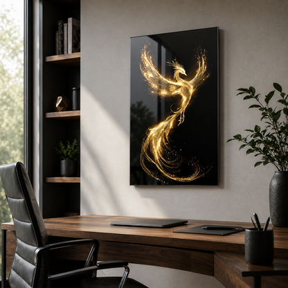 Altın anka kuşu dikey cam tablo modern çalışma alanı ve ofis mockup