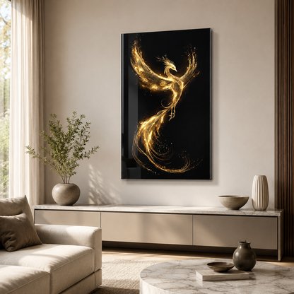 Altın anka kuşu dikey cam tablo aydınlık modern salon mockup