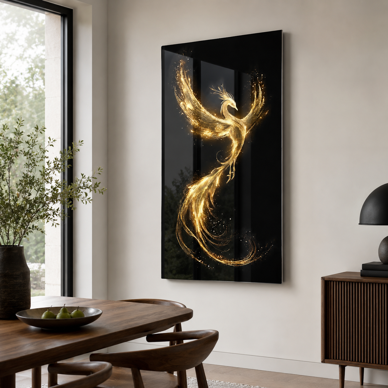 Altın anka kuşu dikey cam tablo modern yemek alanı mockup