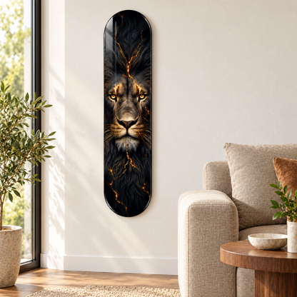 Altın Çizgili Aslan Dikey Skate Board Cam Tablo – Salonda görünüm