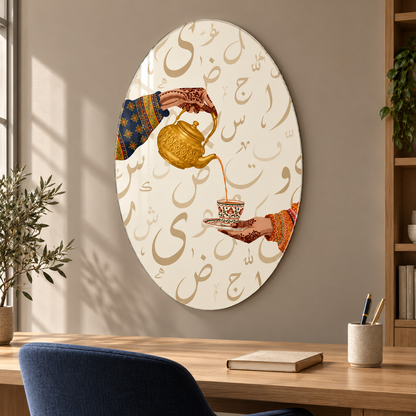 Altın Demlikli Çay İkramı Dikey Oval Cam Tablo - Çalışma odası