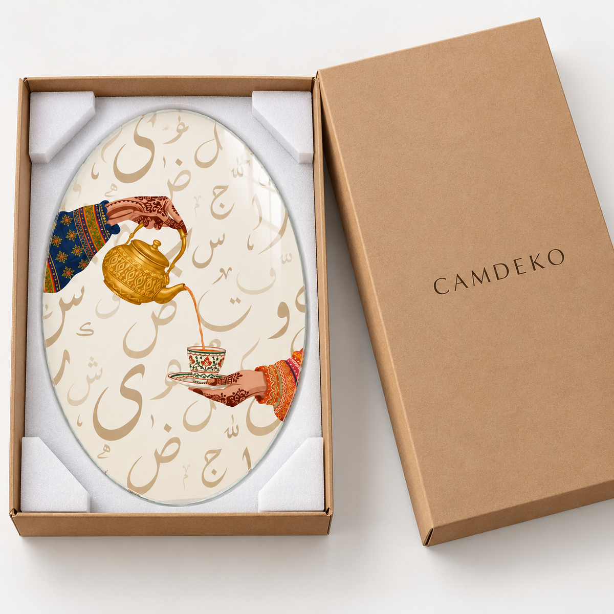 Altın Demlikli Çay İkramı Dikey Oval Cam Tablo - Koruyucu paketleme