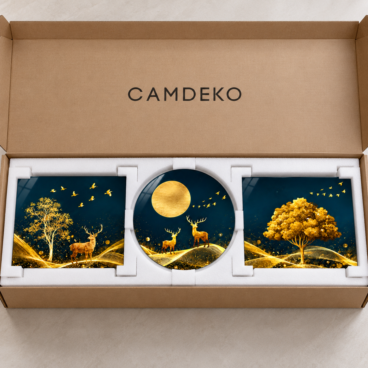 Altın geyik ay ve ağaç temalı şekilli kesim cam tablo — paketleme