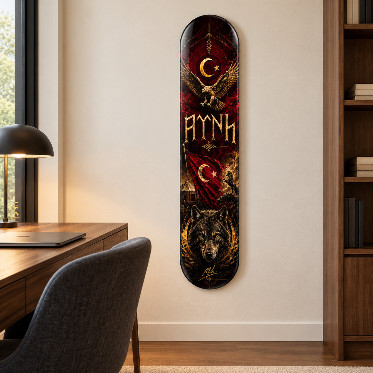 Altın Kartal ve Bozkurt Dikey Skate Board Cam Tablo – Çalışma odasında görünüm