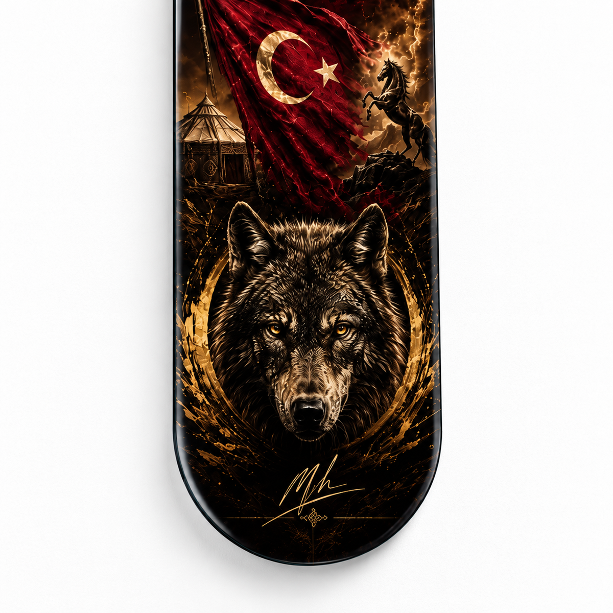 Altın Kartal ve Bozkurt Dikey Skate Board Cam Tablo – Yuvarlak cam kenar detayı