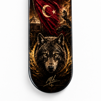 Altın Kartal ve Bozkurt Dikey Skate Board Cam Tablo – Yuvarlak cam kenar detayı