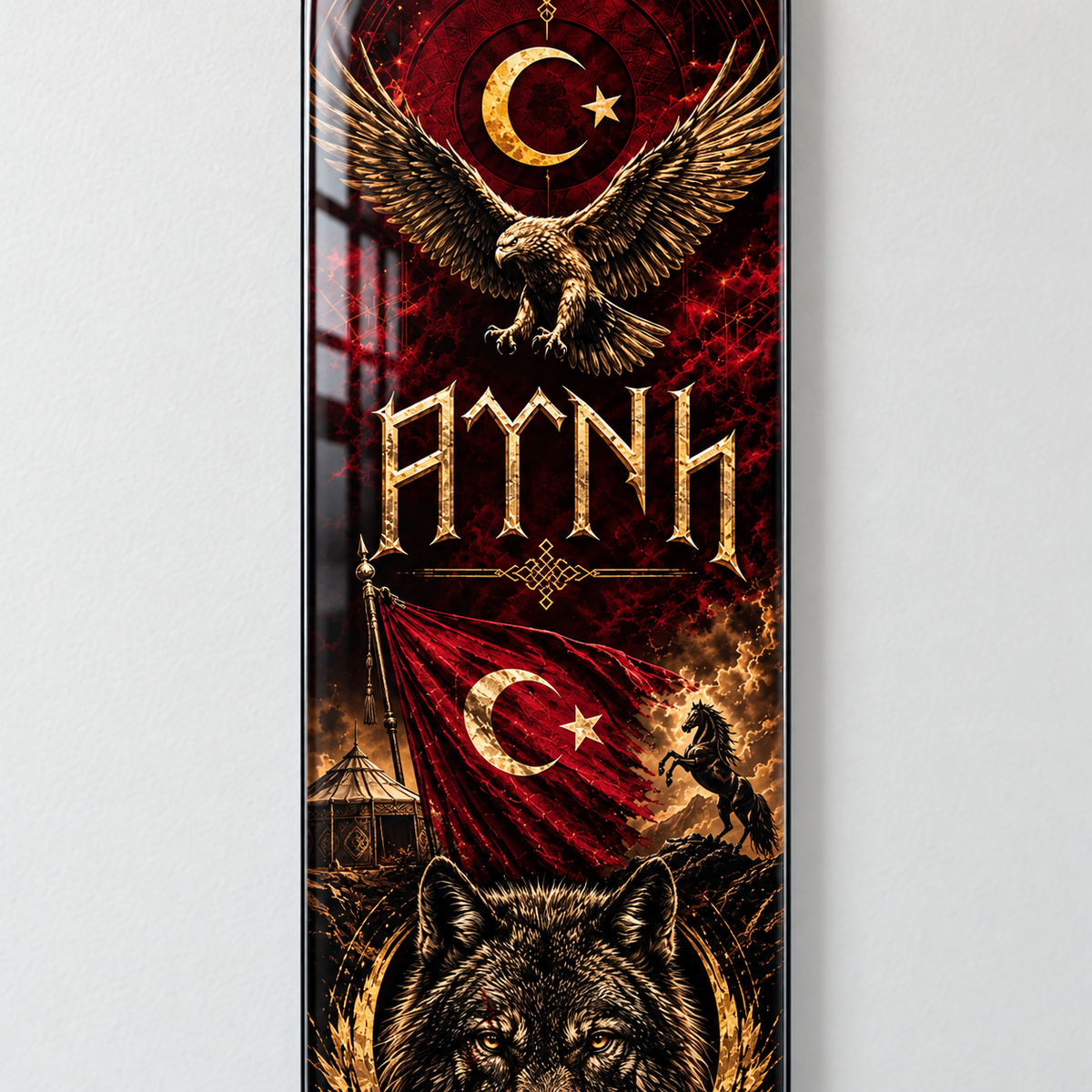 Altın Kartal ve Bozkurt Dikey Skate Board Cam Tablo – UV baskı detayı