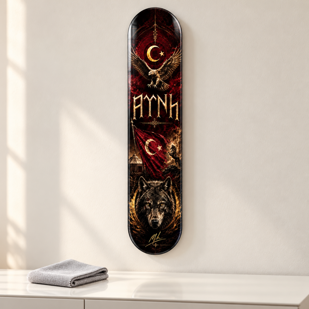 Altın Kartal ve Bozkurt Dikey Skate Board Cam Tablo – Mikrofiber bezle bakım