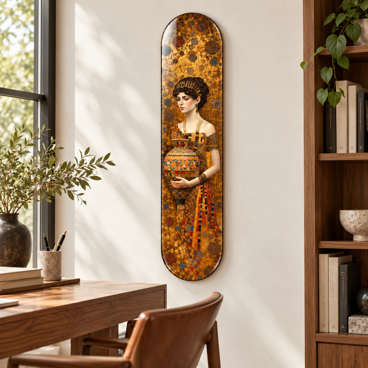 Altın Mozaik Amforalı Kadın Dikey Skate Board Cam Tablo – Çalışma odasında görünüm