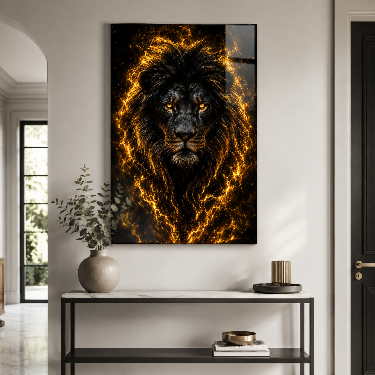 Altın şimşekli siyah aslan dikey cam tablo modern antre mockup