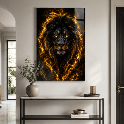 Altın şimşekli siyah aslan dikey cam tablo modern antre mockup