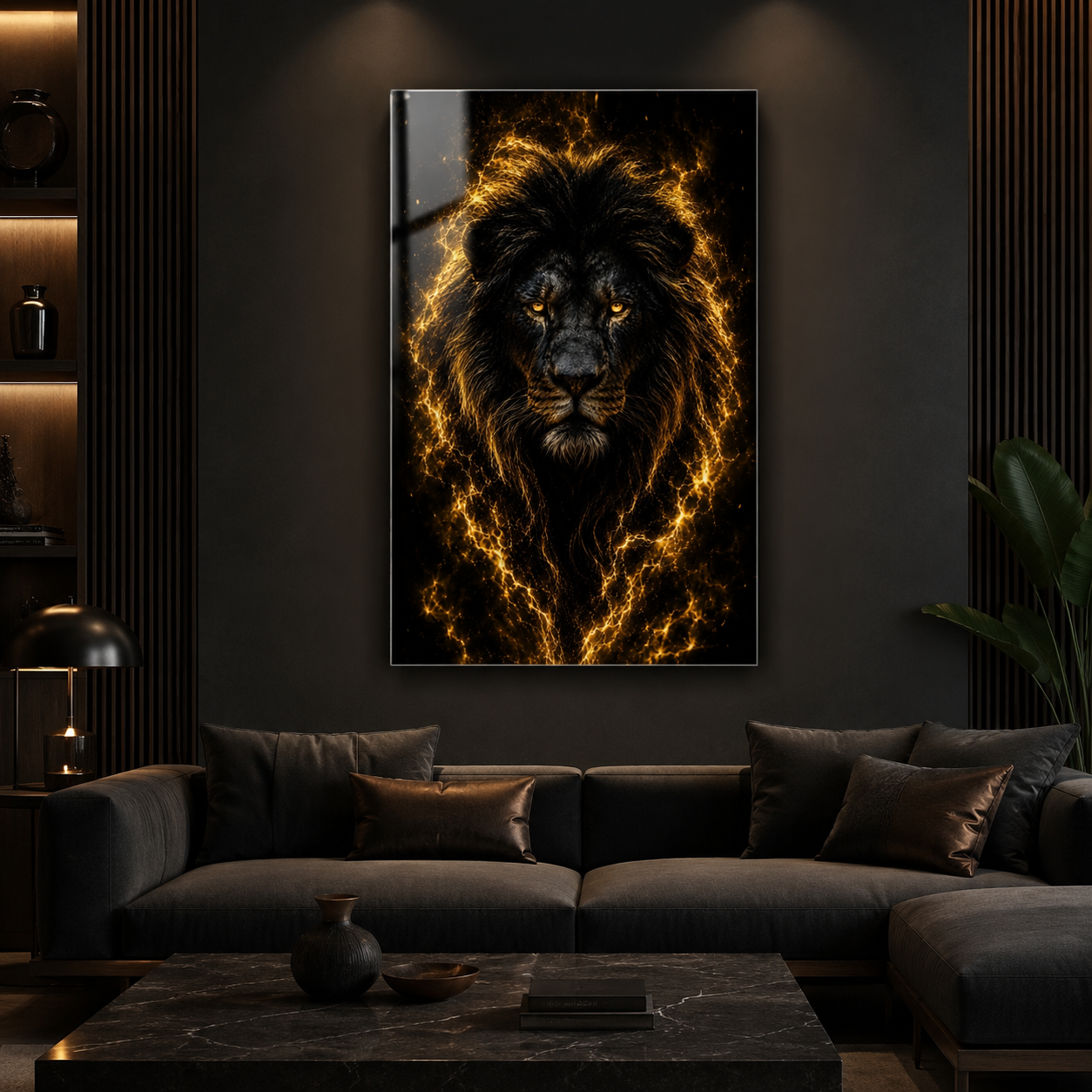 Altın şimşekli siyah aslan dikey cam tablo koyu tonlu lüks salon mockup
