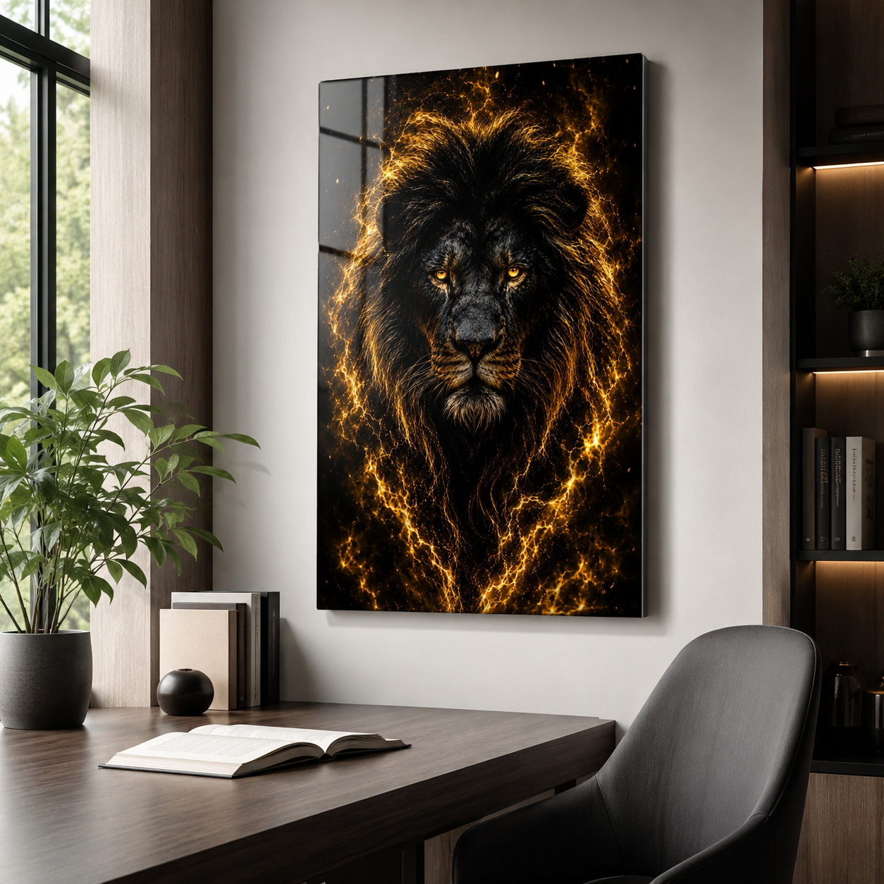 Altın şimşekli siyah aslan dikey cam tablo modern çalışma odası mockup