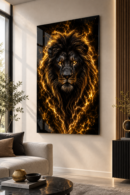 Altın şimşekli siyah aslan dikey cam tablo modern oturma alanı mockup