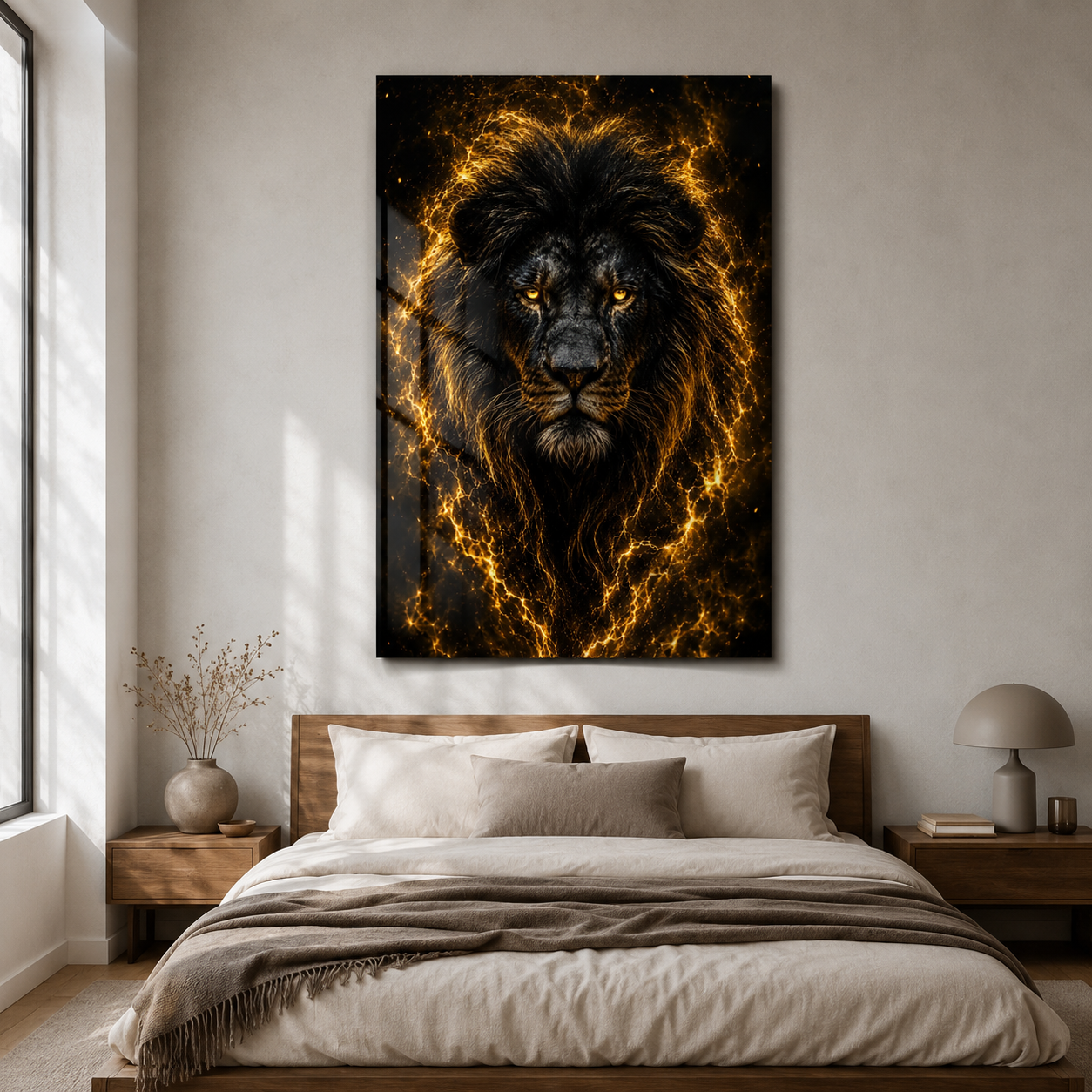 Altın şimşekli siyah aslan dikey cam tablo modern yatak odası mockup
