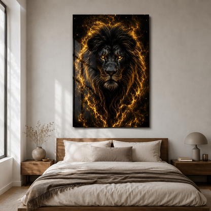 Altın şimşekli siyah aslan dikey cam tablo modern yatak odası mockup