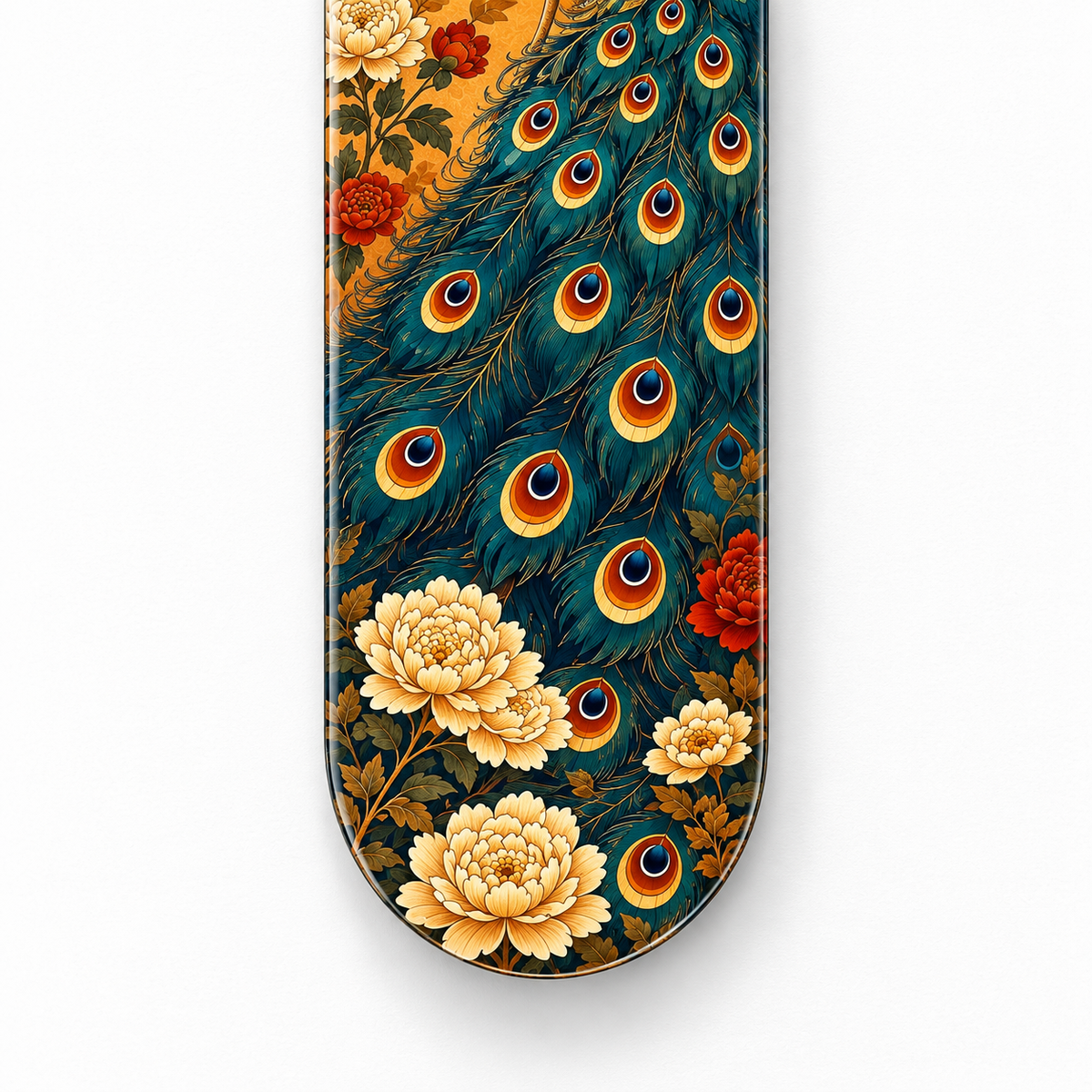 Altın Zeminde Çiçekli Tavus Kuşu Dikey Skate Board Cam Tablo – Yuvarlak cam kenar detayı