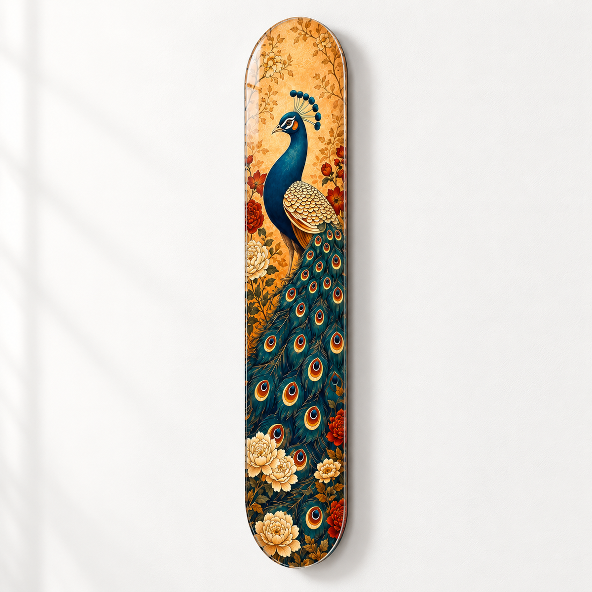Altın Zeminde Çiçekli Tavus Kuşu Dikey Skate Board Cam Tablo – Duvar mesafesi