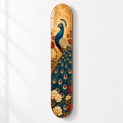 Altın Zeminde Çiçekli Tavus Kuşu Dikey Skate Board Cam Tablo – Duvar mesafesi