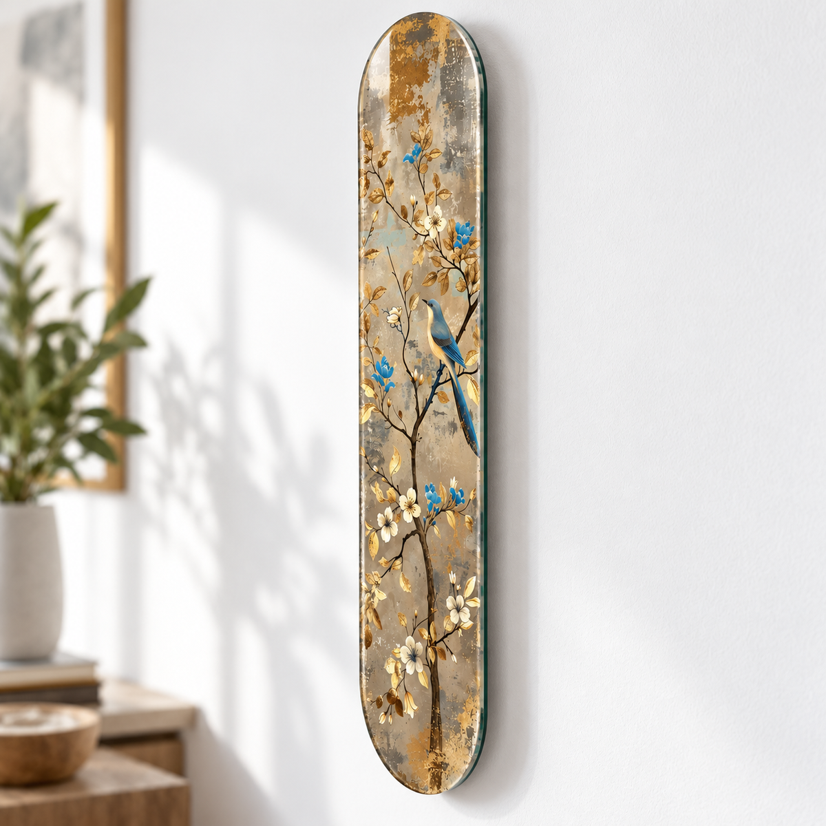 Altın Yapraklar Arasında Mavi Kuş Dikey Skate Board Cam Tablo – Duvar mesafesi