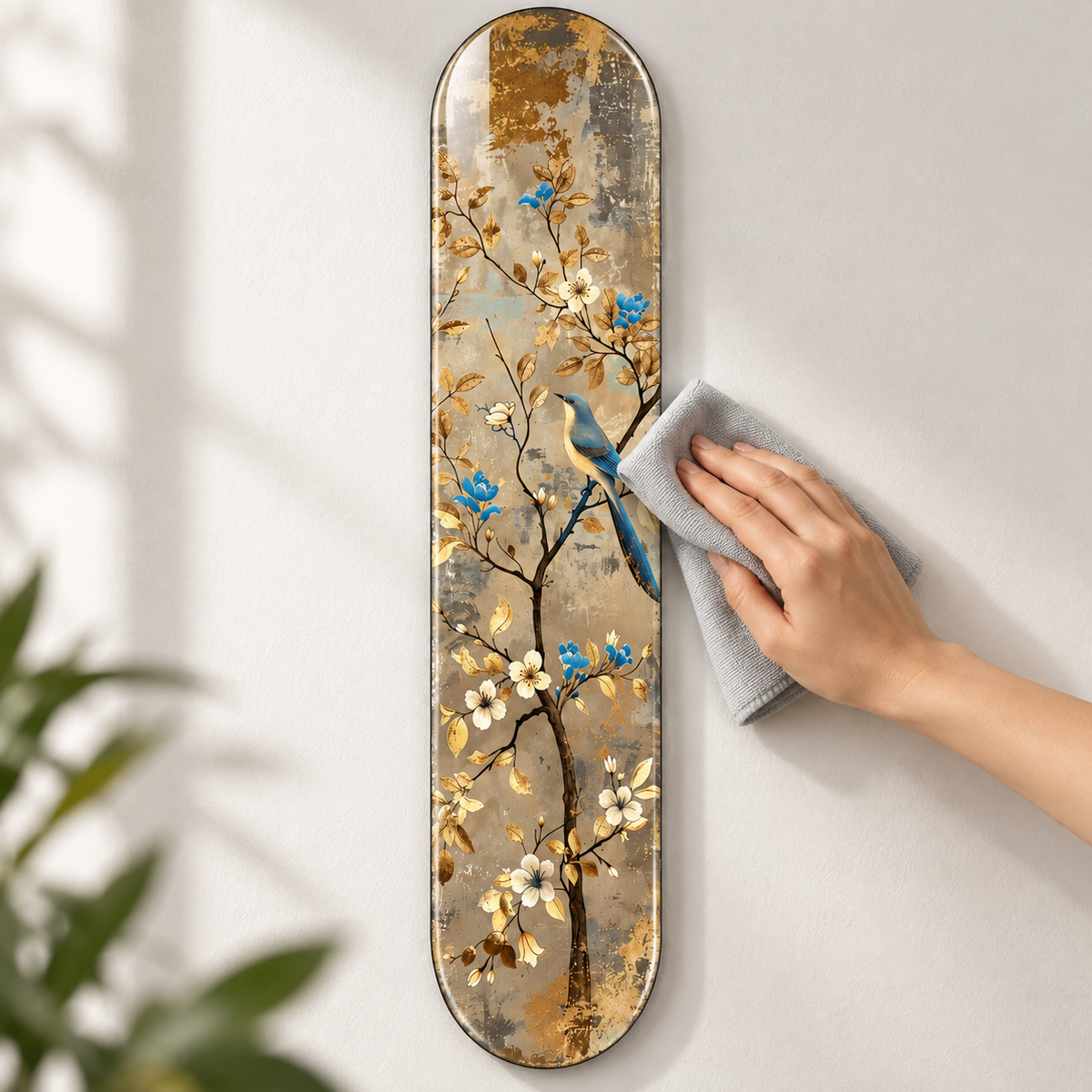 Altın Yapraklar Arasında Mavi Kuş Dikey Skate Board Cam Tablo – Mikrofiber bezle bakım