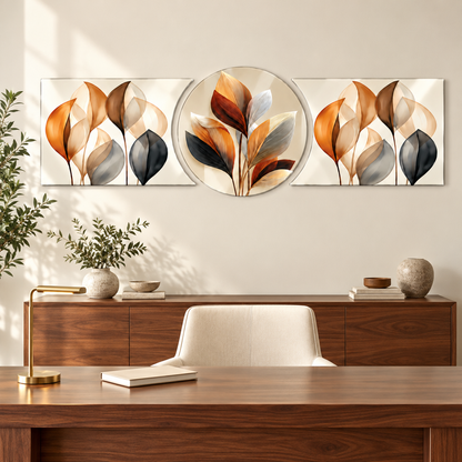 Amber ve Krem Yapraklar Şekilli Kesim Cam Tablo — Ofis