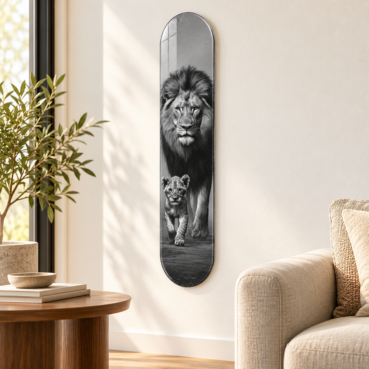 Aslan ve Yavrusu Dikey Skate Board Cam Tablo – Salonda görünüm