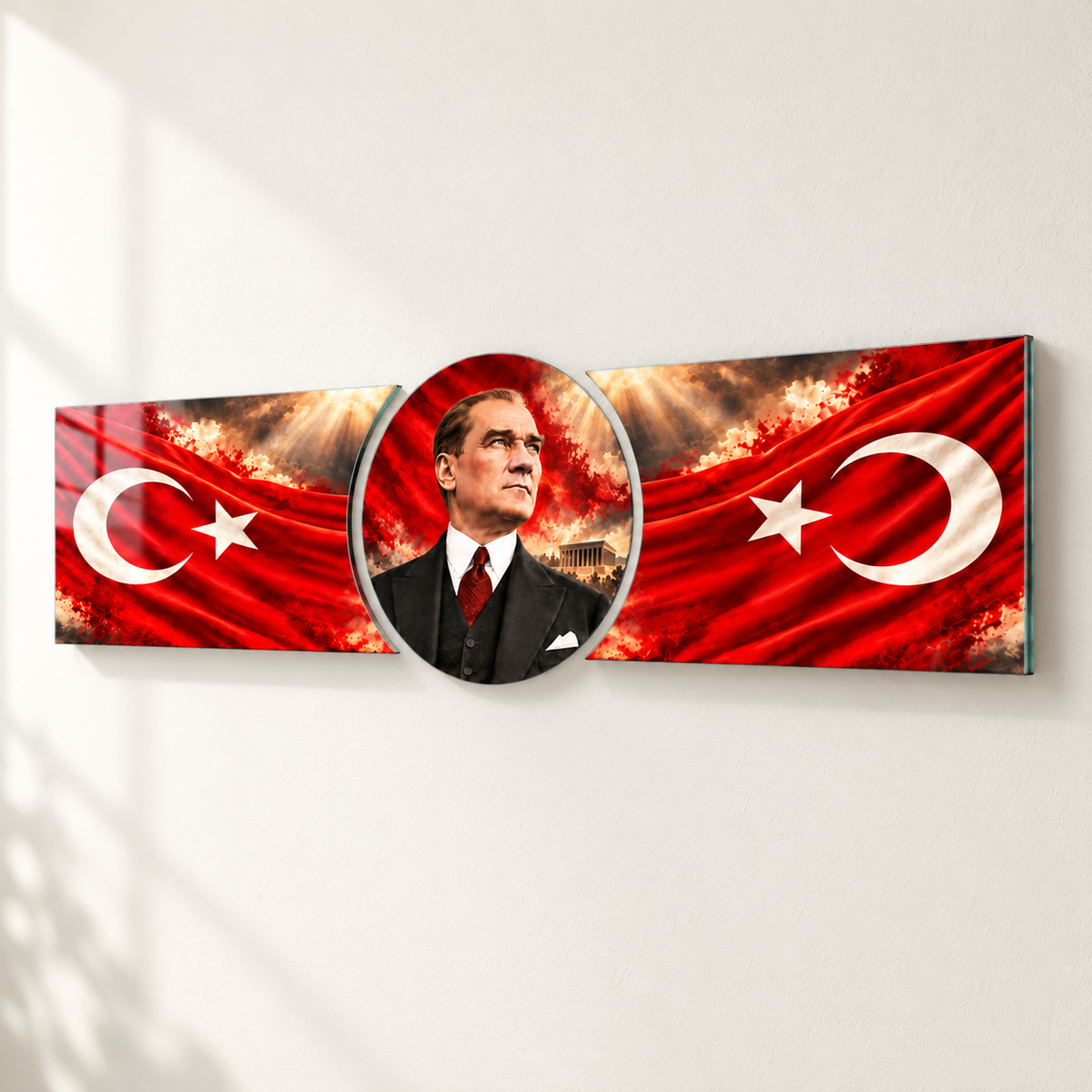 Atatürk ve Çift Bayrak Şekilli Kesim Cam Tablo — Duvar mesafesi