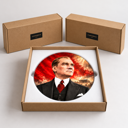 Atatürk ve Çift Bayrak Şekilli Kesim Cam Tablo — Paketleme