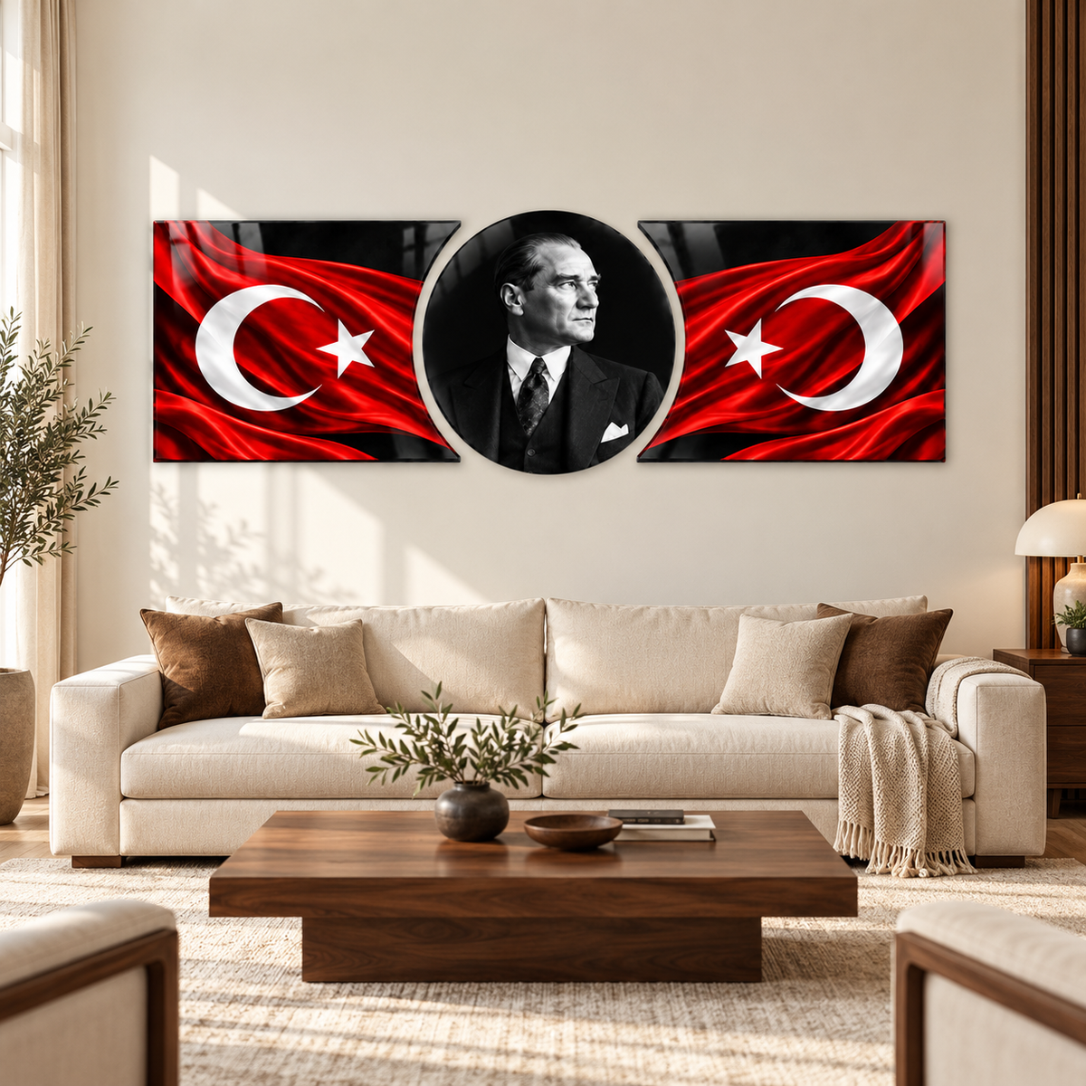 Atatürk ve karşılıklı Türk bayraklı şekilli kesim cam tablo salon