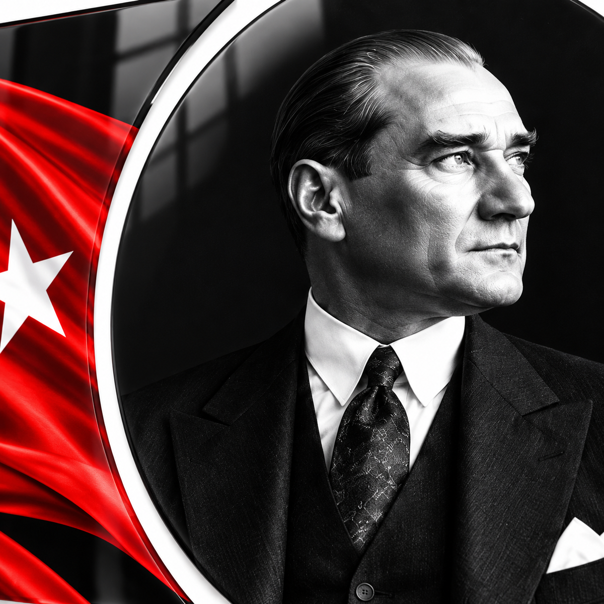 Atatürk ve karşılıklı Türk bayraklı şekilli kesim cam tablo UV baskı detayı