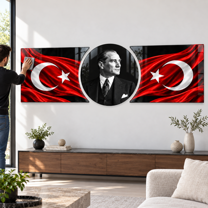Atatürk ve karşılıklı Türk bayraklı şekilli kesim cam tablo kolay temizlik