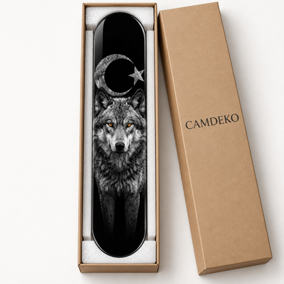 Ay Yıldızlı Gri Kurt Dikey Skate Board Cam Tablo – CAMDEKO ambalajı