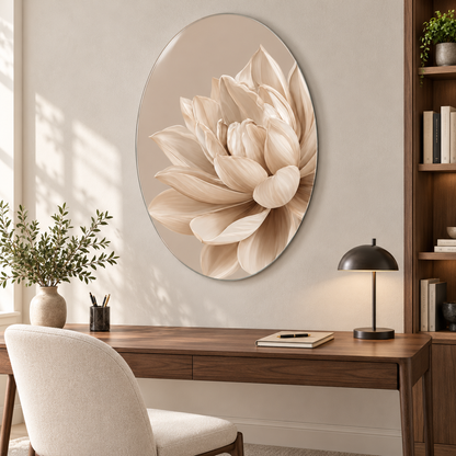 Bej Zeminli Krem Lotus Dikey Oval Cam Tablo - Çalışma odası