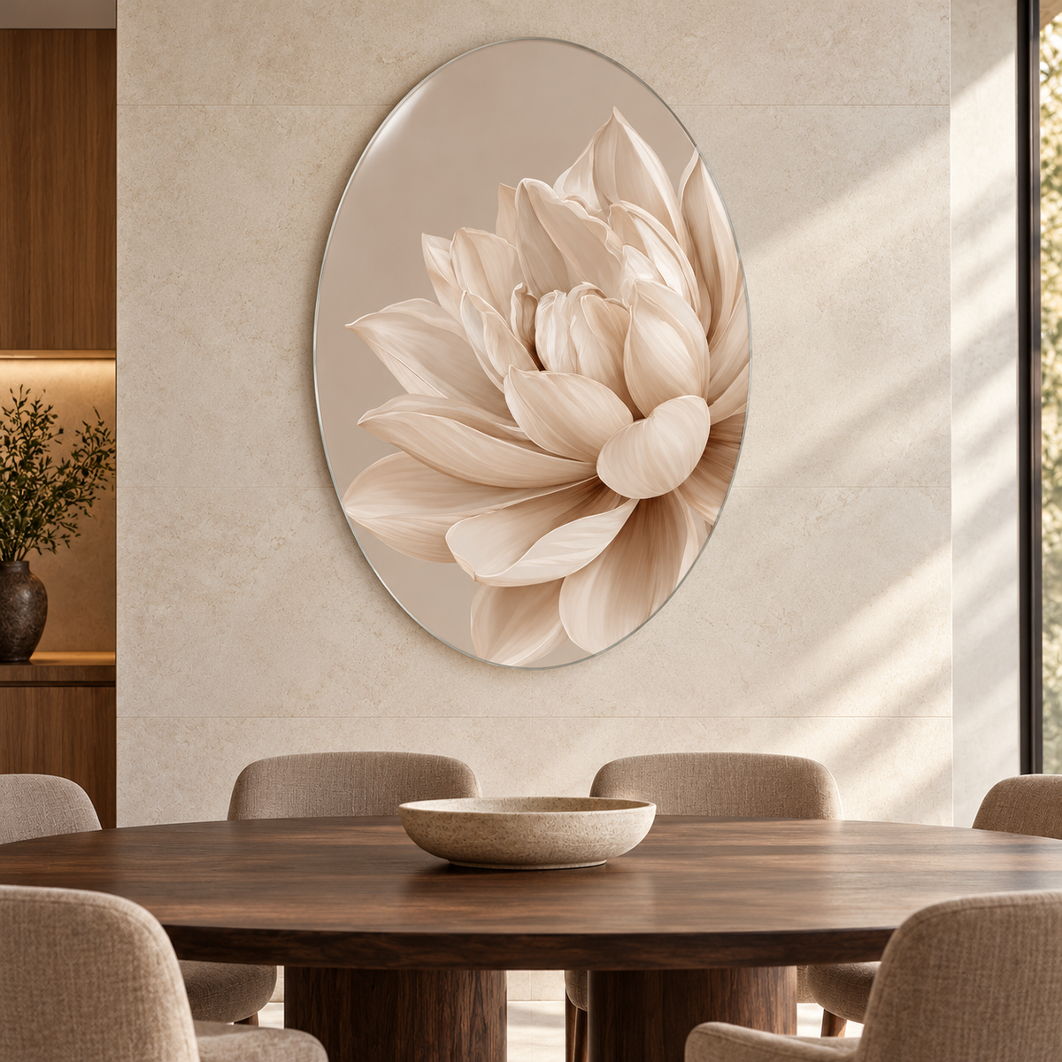 Bej Zeminli Krem Lotus Dikey Oval Cam Tablo - Yemek odası