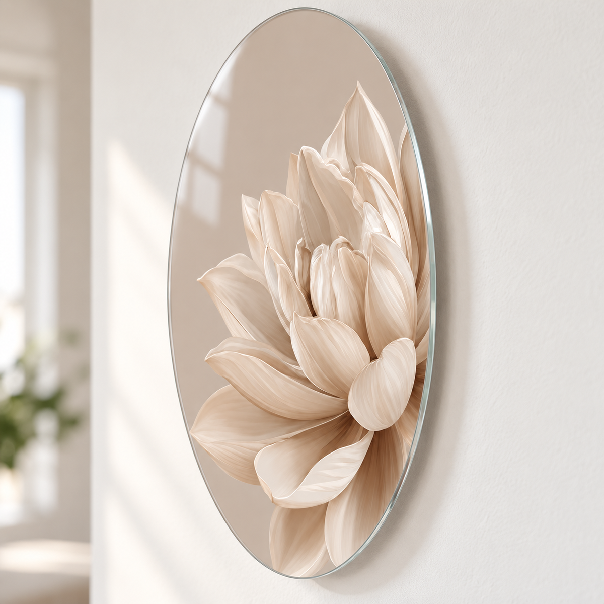 Bej Zeminli Krem Lotus Dikey Oval Cam Tablo - 2 cm duvar mesafesi