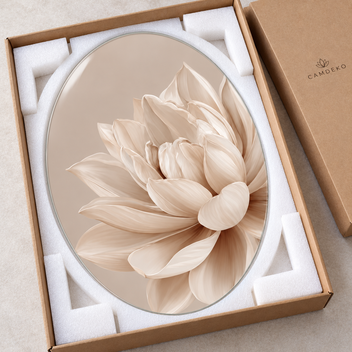Bej Zeminli Krem Lotus Dikey Oval Cam Tablo - Koruyucu paketleme