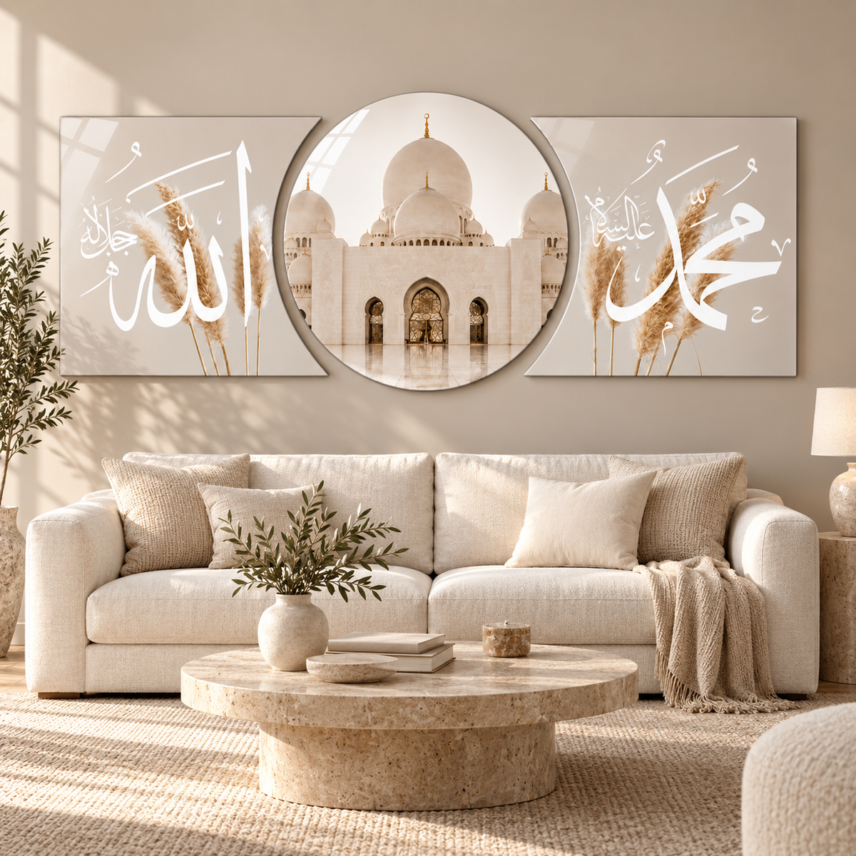 Bej pampas Allah Muhammed hatlı cami temalı şekilli kesim cam tablo salon