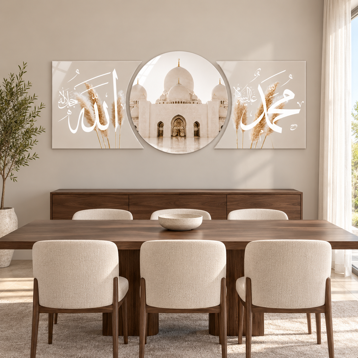 Bej pampas Allah Muhammed hatlı cami temalı şekilli kesim cam tablo yemek odası