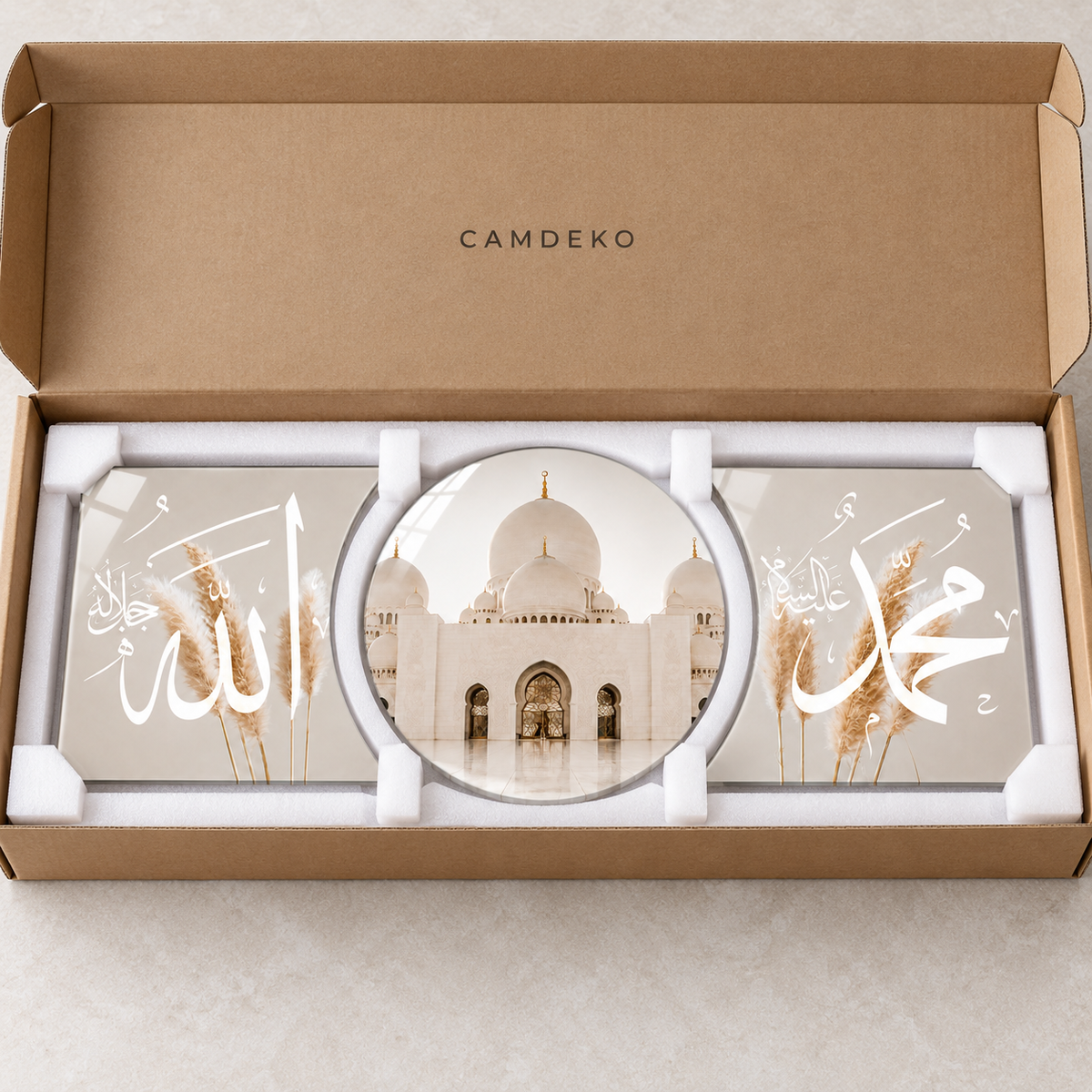 Bej pampas Allah Muhammed hatlı cami temalı şekilli kesim cam tablo güvenli paketleme