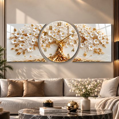 Beyaz gold çiçekli hayat ağacı saatli cam saat premium salon görünümü
