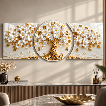 Beyaz gold çiçekli hayat ağacı saatli cam saat yaşam alanı görünümü